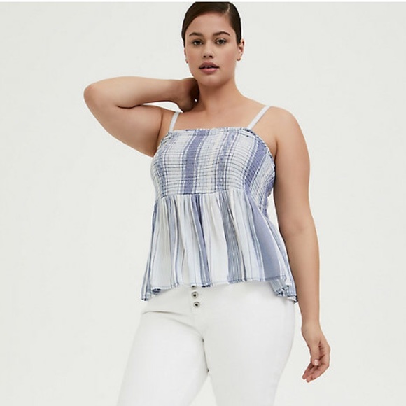 ☀️ Torrid BLUE STRIPED GAUZE SMOCKED CAMI - Picture 2 of 9